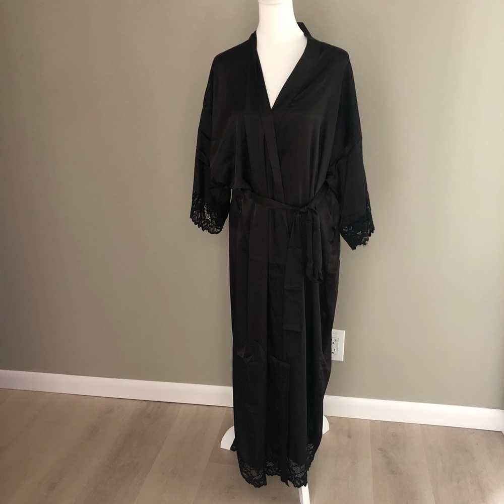Babe Beyond Black Satin Lace Wrap Robe  NEW See Measurements